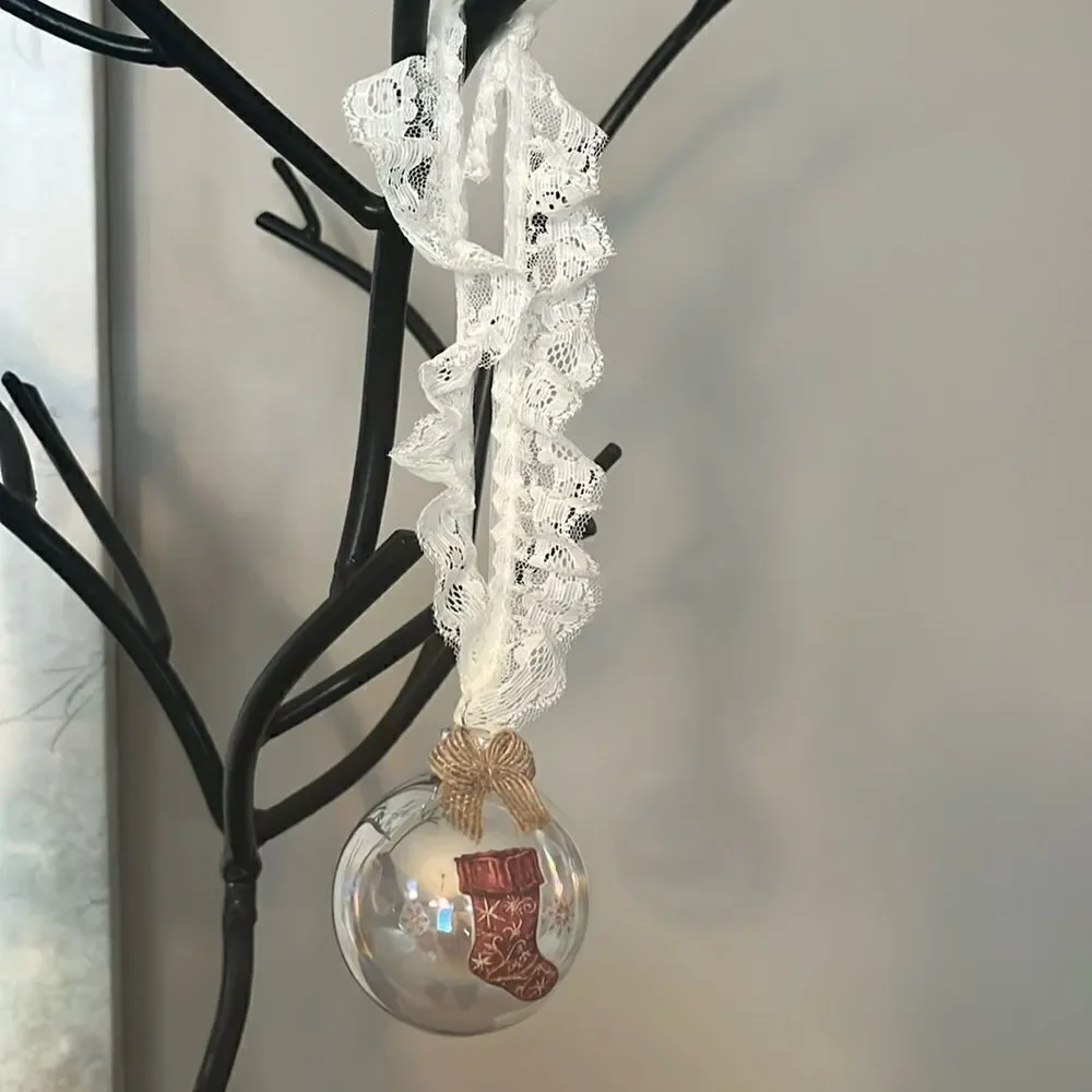 Upcycled Clear Glass Ornaments 3 Different Christmas Balls stocking, sleigh, hut